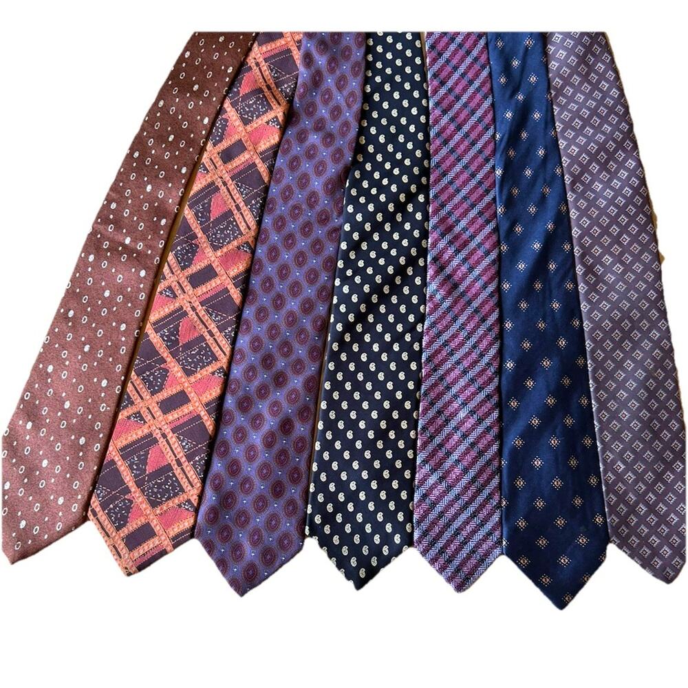 7 VTG Silk Ties Purple Brown Business Paisley Geometric Italy Paris 2”-3”
